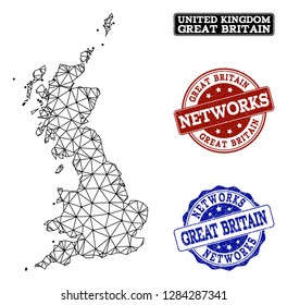 Black mesh vector map of Great Britain isolated on a white background and rubber stamp seals for networks. Abstract lines, dots and triangles forms map of Great Britain.