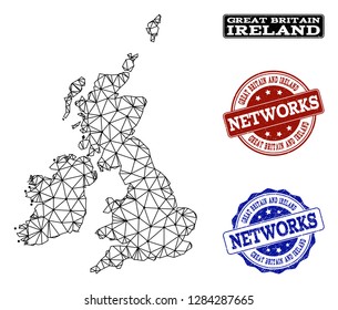Black mesh vector map of Great Britain and Ireland isolated on a white background and rubber stamp seals for networks. Abstract lines, dots and triangles forms map of Great Britain and Ireland.