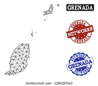 Black mesh vector map of Grenada Islands isolated on a white background and scratched watermarks for networks. Abstract lines, dots and triangles forms map of Grenada Islands.