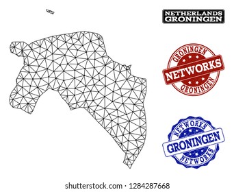Black mesh vector map of Groningen Province isolated on a white background and grunge watermarks for networks. Abstract lines, dots and triangles forms map of Groningen Province.