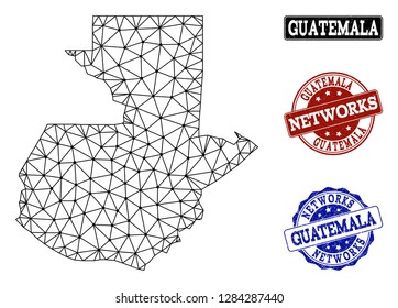 Black mesh vector map of Guatemala isolated on a white background and scratched watermarks for networks. Abstract lines, dots and triangles forms map of Guatemala.
