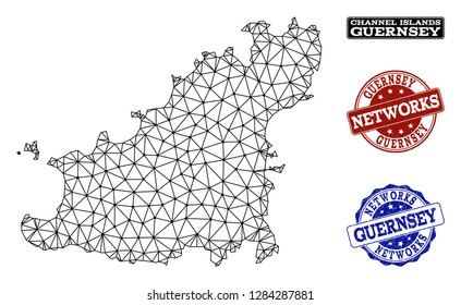 Black mesh vector map of Guernsey Island isolated on a white background and scratched stamp seals for networks. Abstract lines, dots and triangles forms map of Guernsey Island.