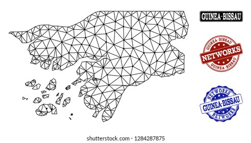 Black mesh vector map of Guinea-Bissau isolated on a white background and grunge watermarks for networks. Abstract lines, dots and triangles forms map of Guinea-Bissau.