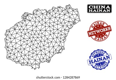 Black mesh vector map of Hainan Island isolated on a white background and scratched stamp seals for networks. Abstract lines, dots and triangles forms map of Hainan Island.