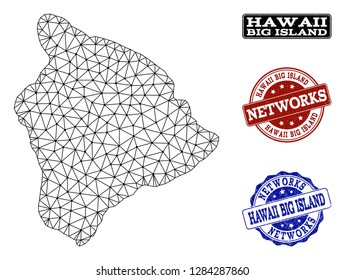 Black mesh vector map of Hawaii Big Island isolated on a white background and scratched stamp seals for networks. Abstract lines, dots and triangles forms map of Hawaii Big Island.