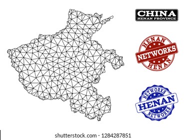 Black mesh vector map of Henan Province isolated on a white background and scratched watermarks for networks. Abstract lines, dots and triangles forms map of Henan Province.
