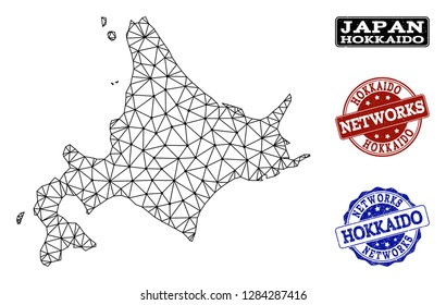 Black mesh vector map of Hokkaido Island isolated on a white background and grunge stamp seals for networks. Abstract lines, dots and triangles forms map of Hokkaido Island.