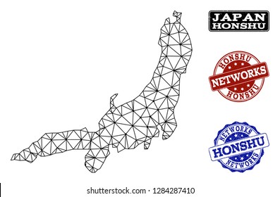 Black mesh vector map of Honshu Island isolated on a white background and rubber stamp seals for networks. Abstract lines, dots and triangles forms map of Honshu Island.