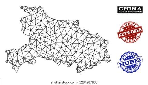 Black mesh vector map of Hubei Province isolated on a white background and grunge stamp seals for networks. Abstract lines, dots and triangles forms map of Hubei Province.