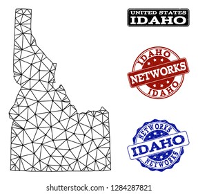 Black mesh vector map of Idaho State isolated on a white background and rubber watermarks for networks. Abstract lines, dots and triangles forms map of Idaho State.