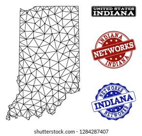 Black mesh vector map of Indiana State isolated on a white background and scratched stamp seals for networks. Abstract lines, dots and triangles forms map of Indiana State.