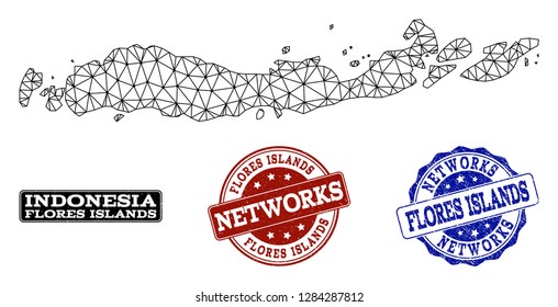 Black mesh vector map of Indonesia - Flores Islands isolated on a white background and grunge watermarks for networks. Abstract lines, dots and triangles forms map of Indonesia - Flores Islands.