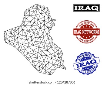 Black mesh vector map of Iraq isolated on a white background and scratched stamp seals for networks. Abstract lines, dots and triangles forms map of Iraq.