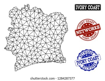 Black mesh vector map of Ivory Coast isolated on a white background and scratched watermarks for networks. Abstract lines, dots and triangles forms map of Ivory Coast.