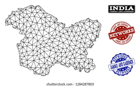 Black mesh vector map of Jammu and Kashmir State isolated on a white background and rubber stamp seals for networks. Abstract lines, dots and triangles forms map of Jammu and Kashmir State.