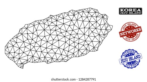 Black mesh vector map of Jeju Island isolated on a white background and rubber stamp seals for networks. Abstract lines, dots and triangles forms map of Jeju Island.