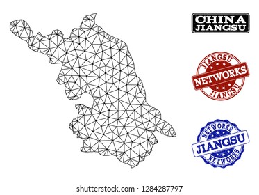 Black mesh vector Map of Jiangsu Province isolated on a white background and grunge watermarks for networks. Abstract lines, dots and triangles forms Map of Jiangsu Province.