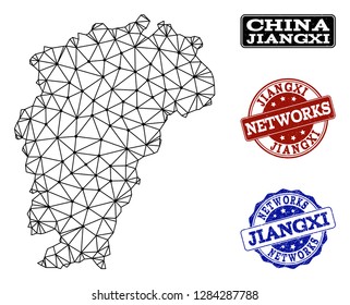 Black mesh vector Map of Jiangxi Province isolated on a white background and grunge watermarks for networks. Abstract lines, dots and triangles forms Map of Jiangxi Province.