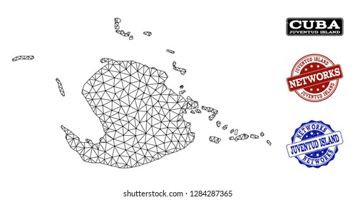 Black mesh vector map of Juventud Island isolated on a white background and grunge stamp seals for networks. Abstract lines, dots and triangles forms map of Juventud Island.