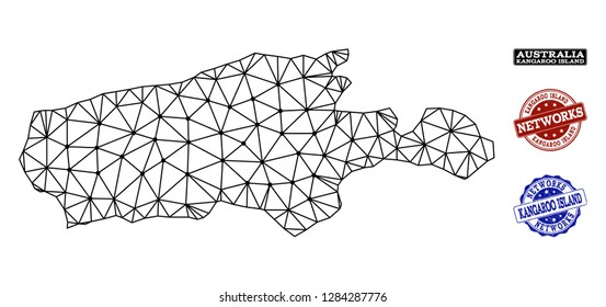Black mesh vector map of Kangaroo Island isolated on a white background and rubber watermarks for networks. Abstract lines, dots and triangles forms map of Kangaroo Island.