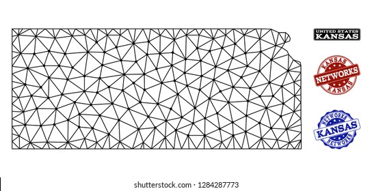 Black mesh vector map of Kansas State isolated on a white background and scratched stamp seals for networks. Abstract lines, dots and triangles forms map of Kansas State.