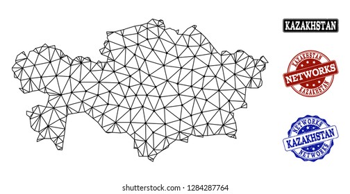 Black mesh vector map of Kazakhstan isolated on a white background and scratched stamp seals for networks. Abstract lines, dots and triangles forms map of Kazakhstan.