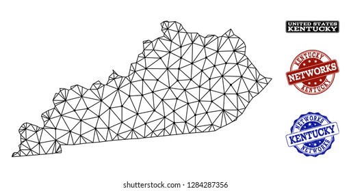 Black mesh vector map of Kentucky State isolated on a white background and grunge stamp seals for networks. Abstract lines, dots and triangles forms map of Kentucky State.