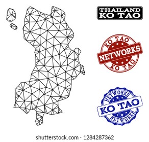 Black mesh vector map of Ko Tao isolated on a white background and rubber stamp seals for networks. Abstract lines, dots and triangles forms map of Ko Tao.