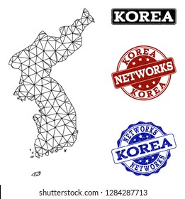 Black mesh vector map of Korea isolated on a white background and scratched stamp seals for networks. Abstract lines, dots and triangles forms map of Korea.