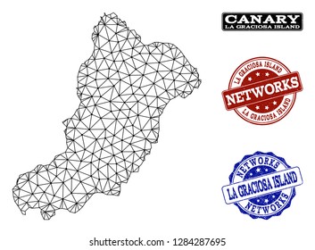 Black mesh vector map of La Graciosa Island isolated on a white background and rubber stamp seals for networks. Abstract lines, dots and triangles forms map of La Graciosa Island.