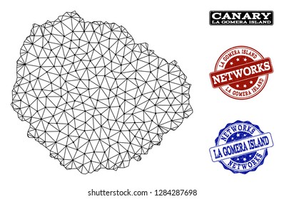 Black mesh vector map of La Gomera Island isolated on a white background and scratched watermarks for networks. Abstract lines, dots and triangles forms map of La Gomera Island.