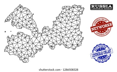 Black mesh vector map of Leningrad Region isolated on a white background and scratched watermarks for networks. Abstract lines, dots and triangles forms map of Leningrad Region.