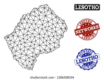 Black mesh vector map of Lesotho isolated on a white background and rubber watermarks for networks. Abstract lines, dots and triangles forms map of Lesotho.