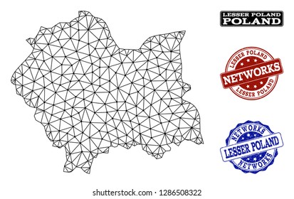 Black mesh vector map of Lesser Poland Province isolated on a white background and rubber watermarks for networks. Abstract lines, dots and triangles forms map of Lesser Poland Province.