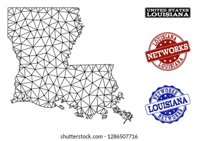 Black mesh vector map of Louisiana State isolated on a white background and scratched stamp seals for networks. Abstract lines, dots and triangles forms map of Louisiana State.