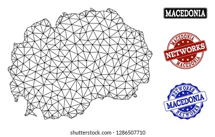 Black mesh vector map of Macedonia isolated on a white background and scratched stamp seals for networks. Abstract lines, dots and triangles forms map of Macedonia.