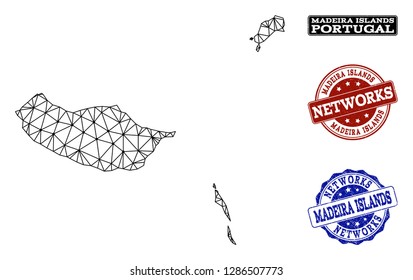 Black mesh vector map of Madeira Islands isolated on a white background and grunge watermarks for networks. Abstract lines, dots and triangles forms map of Madeira Islands.