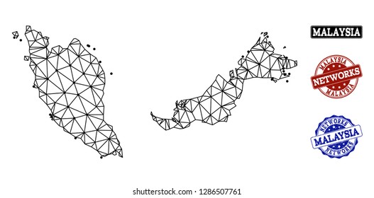 Black mesh vector map of Malaysia isolated on a white background and rubber watermarks for networks. Abstract lines, dots and triangles forms map of Malaysia.
