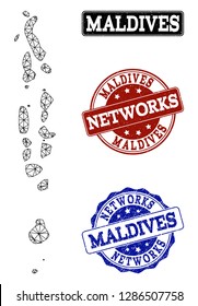 Black mesh vector map of Maldives isolated on a white background and rubber watermarks for networks. Abstract lines, dots and triangles forms map of Maldives.