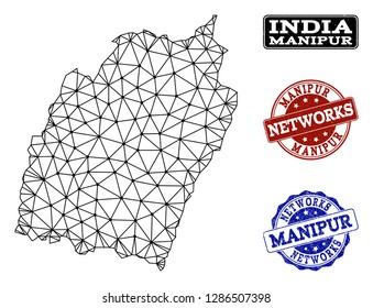 Black mesh vector map of Manipur State isolated on a white background and rubber stamp seals for networks. Abstract lines, dots and triangles forms map of Manipur State.