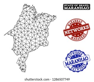 Black mesh vector map of Maranhao State isolated on a white background and rubber watermarks for networks. Abstract lines, dots and triangles forms map of Maranhao State.