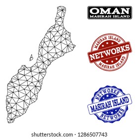 Black mesh vector map of Masirah Island isolated on a white background and rubber watermarks for networks. Abstract lines, dots and triangles forms map of Masirah Island.