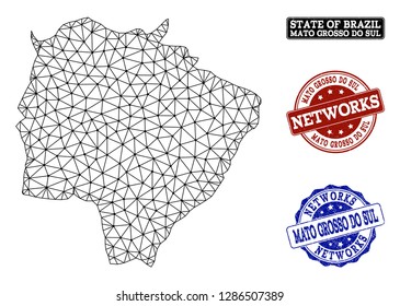 Black mesh vector map of Mato Grosso do Sul State isolated on a white background and rubber stamp seals for networks. Abstract lines, dots and triangles forms map of Mato Grosso do Sul State.