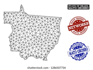 Black mesh vector map of Mato Grosso State isolated on a white background and rubber stamp seals for networks. Abstract lines, dots and triangles forms map of Mato Grosso State.