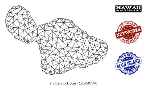 Black mesh vector map of Maui Island isolated on a white background and rubber stamp seals for networks. Abstract lines, dots and triangles forms map of Maui Island.