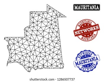 Black mesh vector map of Mauritania isolated on a white background and grunge watermarks for networks. Abstract lines, dots and triangles forms map of Mauritania.