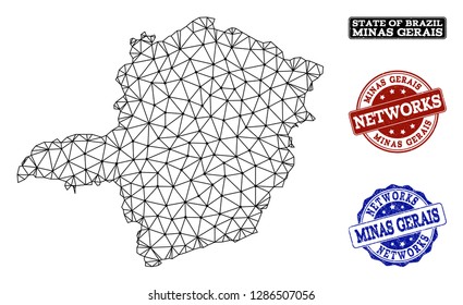 Black mesh vector map of Minas Gerais State isolated on a white background and scratched watermarks for networks. Abstract lines, dots and triangles forms map of Minas Gerais State.