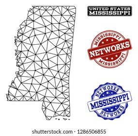 Black mesh vector map of Mississippi State isolated on a white background and grunge stamp seals for networks. Abstract lines, dots and triangles forms map of Mississippi State.
