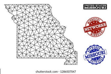 Black mesh vector map of Missouri State isolated on a white background and scratched watermarks for networks. Abstract lines, dots and triangles forms map of Missouri State.