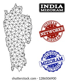 Black mesh vector map of Mizoram State isolated on a white background and rubber watermarks for networks. Abstract lines, dots and triangles forms map of Mizoram State.